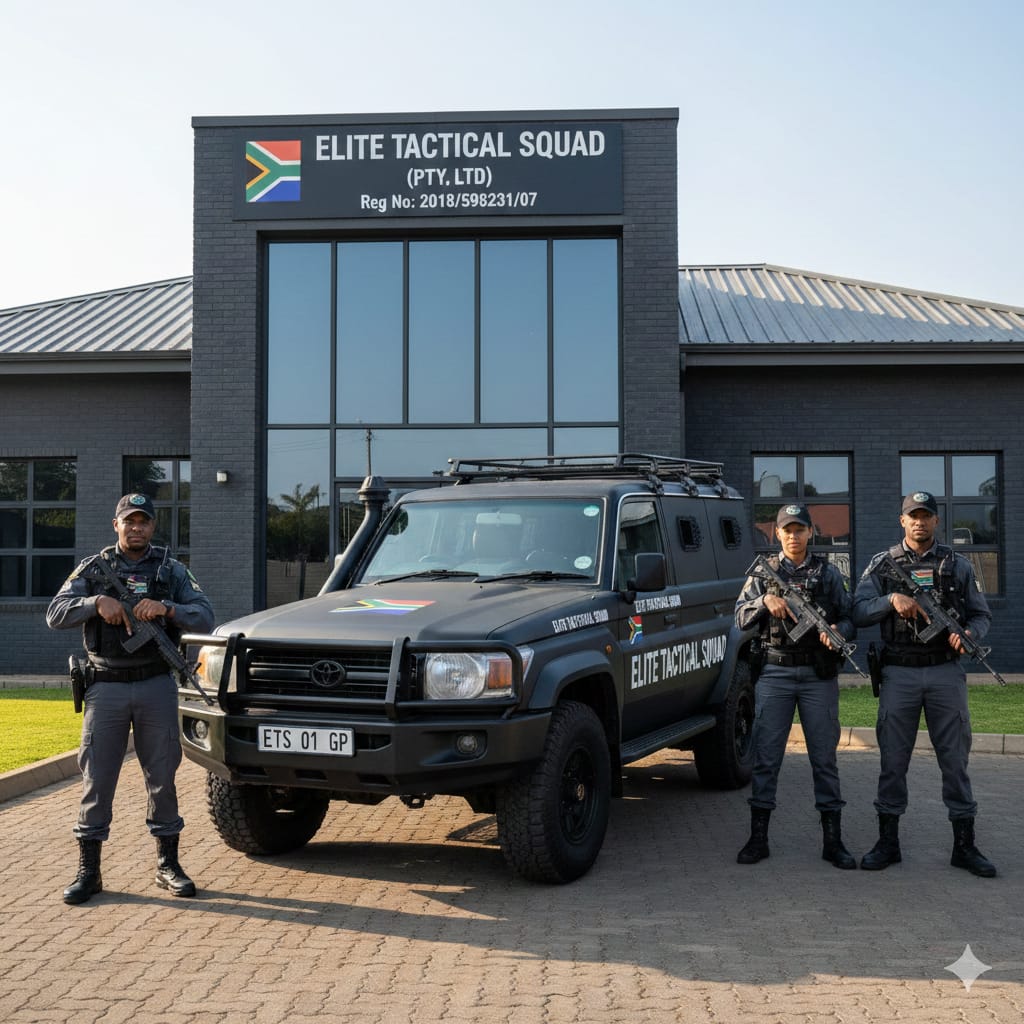 Elite Tactical Squad officers and vehicle in front of headquarters building