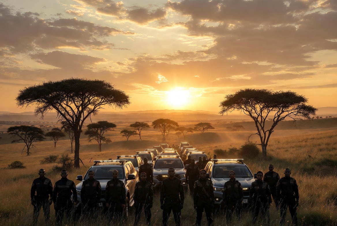 Elite Tactical Squad convoy and field team on patrol at sunset
