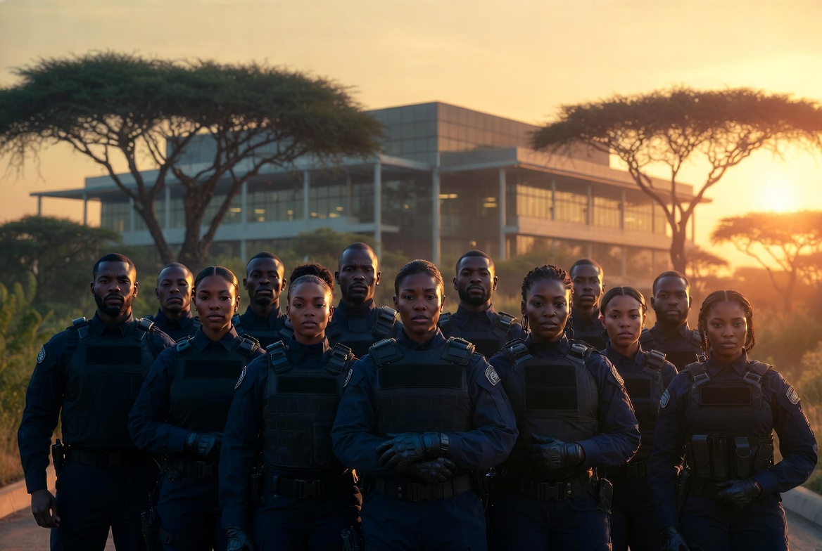 Elite Tactical Squad officers in formation at corporate facility